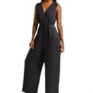 Ettitude Black Sateen Jumpsuit Bamboo V-Neck Wide Leg